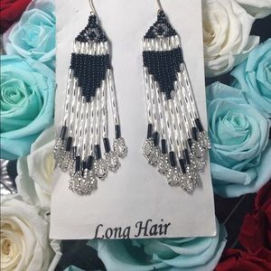 Long Hair Handmade Clear/Black Beaded Hook Earrings